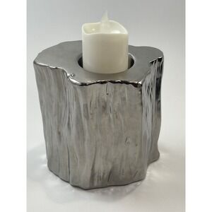 CHEHOMA Silver Ceramic Decorative Table Tea Light Candle Holder Log 4.5 in
